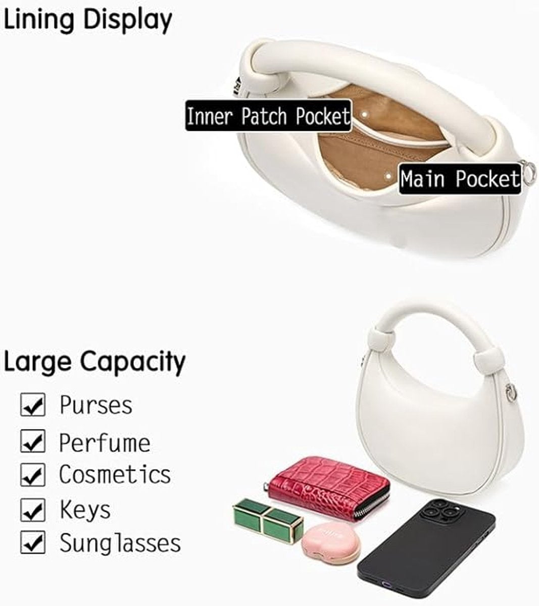 Leren Schoudertas Dames – Tote Handbag met Ritssluiting en Verstelbare Schouderband – Kleine Crescent Clutch