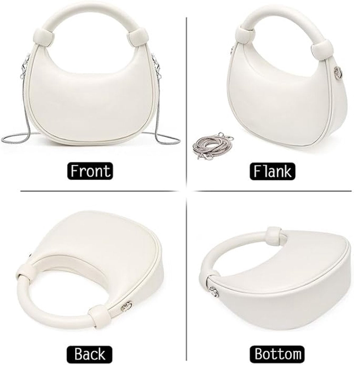 Leren Schoudertas Dames – Tote Handbag met Ritssluiting en Verstelbare Schouderband – Kleine Crescent Clutch - Wit