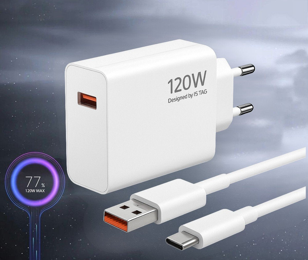 iSTAG 120W Snellader – Snel Opladen – USB-A naar USB-C Adapter met 1M Kabel – Geschikt voor Xiaomi Apple, Samsung, OPPO, OnePlus, Huawei, Android - Universeel - Wi