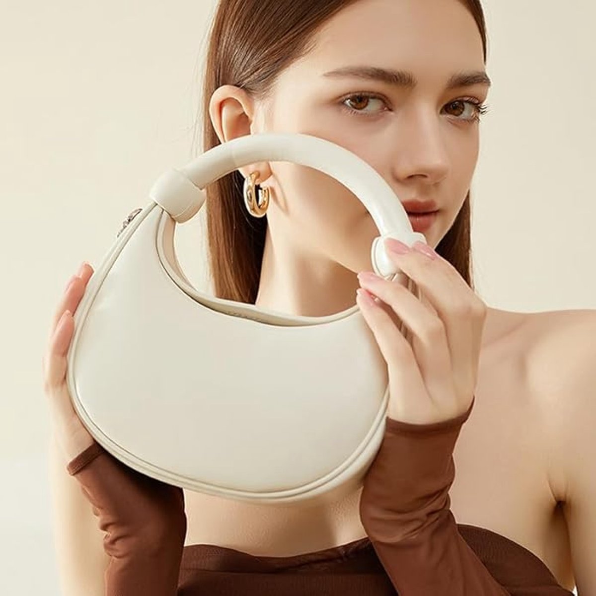 Leren Schoudertas Dames – Tote Handbag met Ritssluiting en Verstelbare Schouderband – Kleine Crescent Clutch