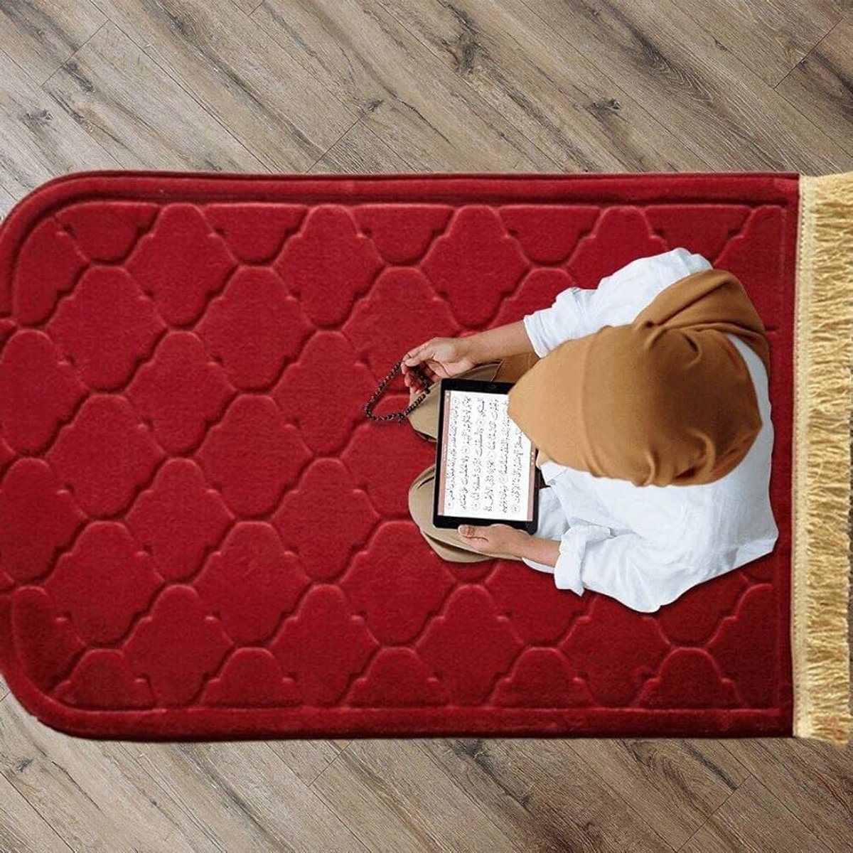 Gebedsmat – Comfortabele & Zachte Islamitische Prayer Mat – Antislip Gebedskleed met Gouden afwerkingen – 115 x 65 cm rood