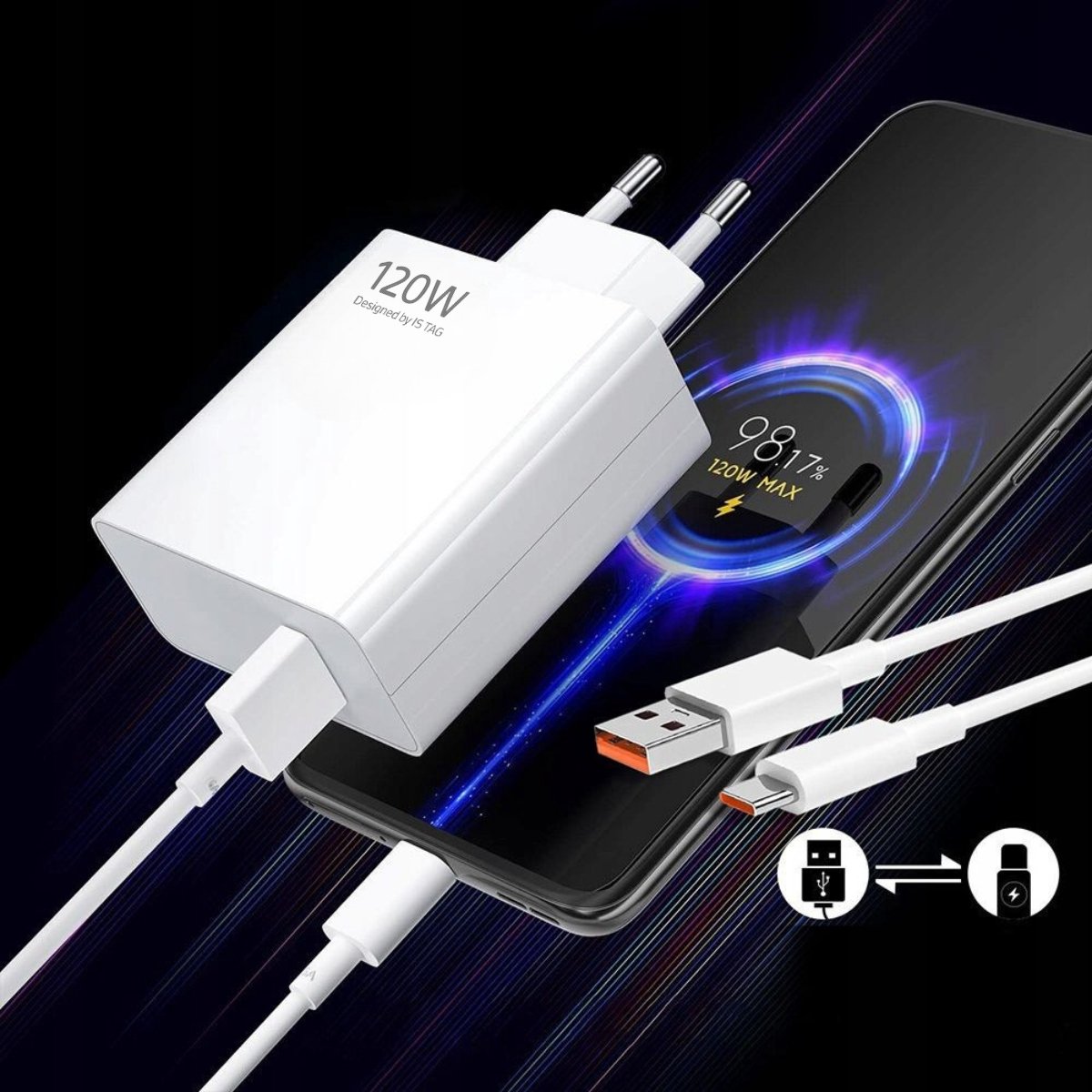 iSTAG 120W Snellader – Snel Opladen – USB-A naar USB-C Adapter met 1M Kabel – Geschikt voor Xiaomi Apple, Samsung, OPPO, OnePlus, Huawei, Android - Universeel - Wi