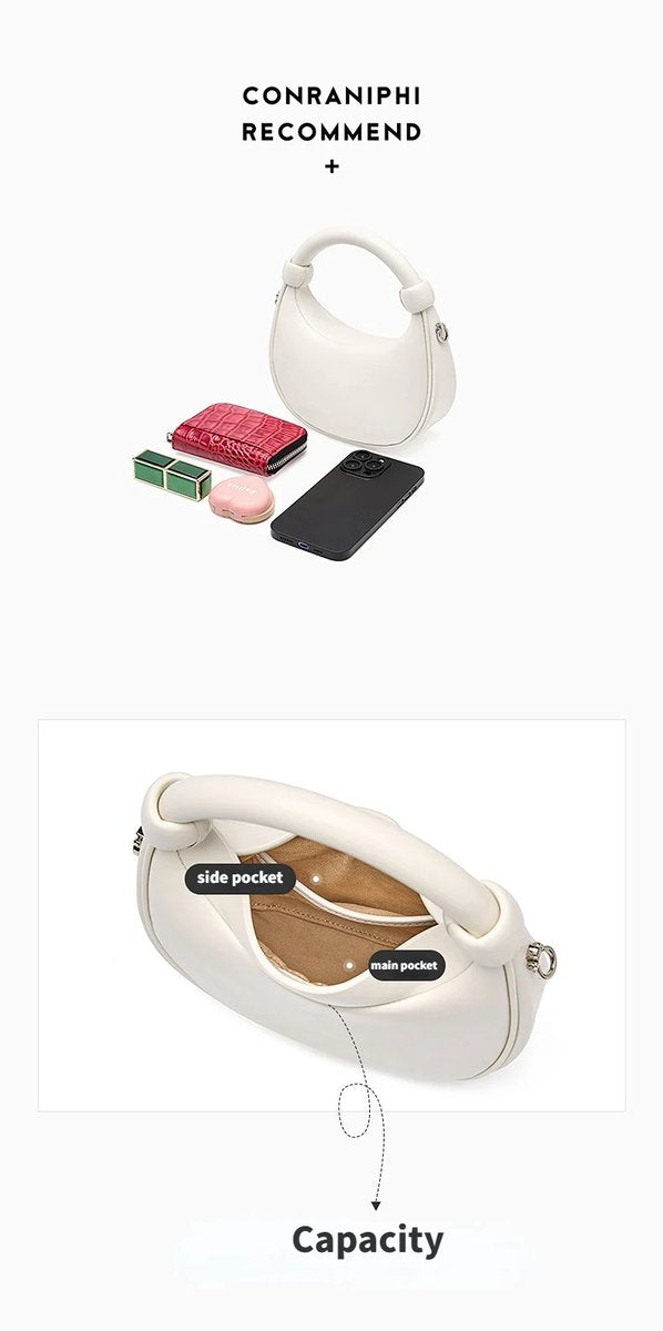 Leren Schoudertas Dames – Tote Handbag met Ritssluiting en Verstelbare Schouderband – Kleine Crescent Clutch - Wit