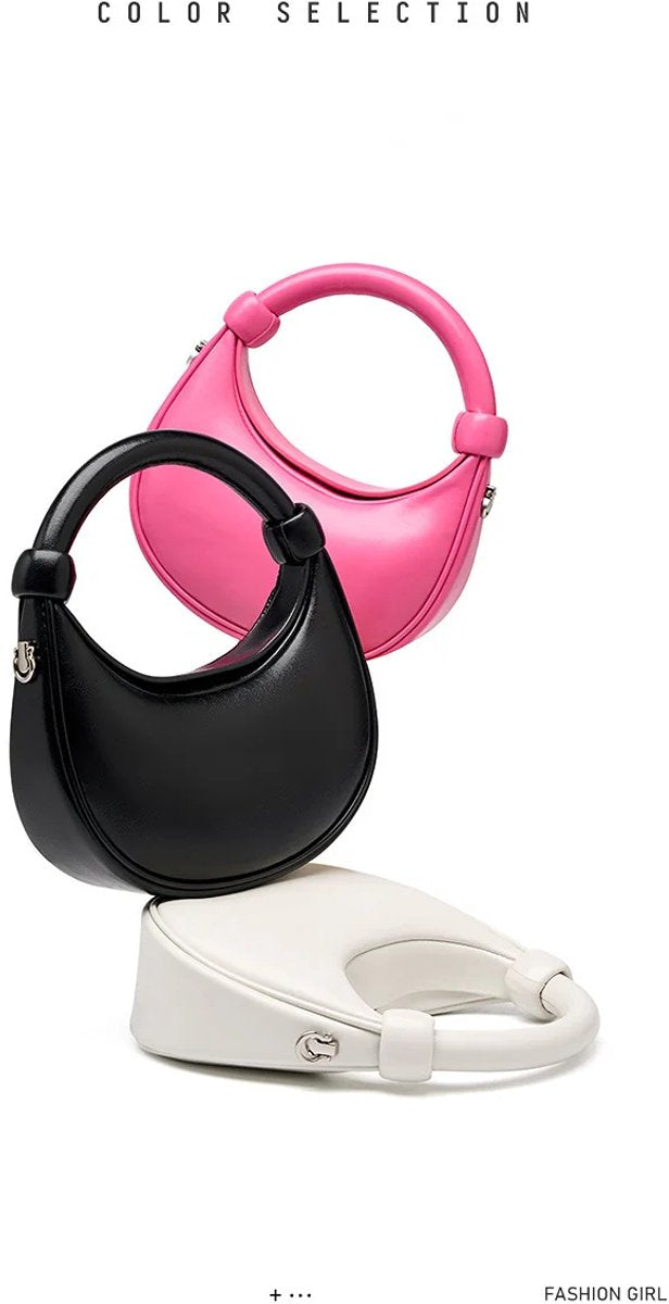 Leren Schoudertas Dames – Tote Handbag met Ritssluiting en Verstelbare Schouderband – Kleine Crescent Clutch - grijs