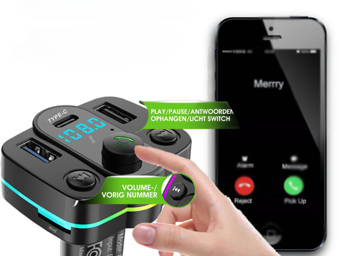 FM Bluetooth Transmitter V1 – USB-C Snellader - Handsfree -  Autolader – Carkit - MP3