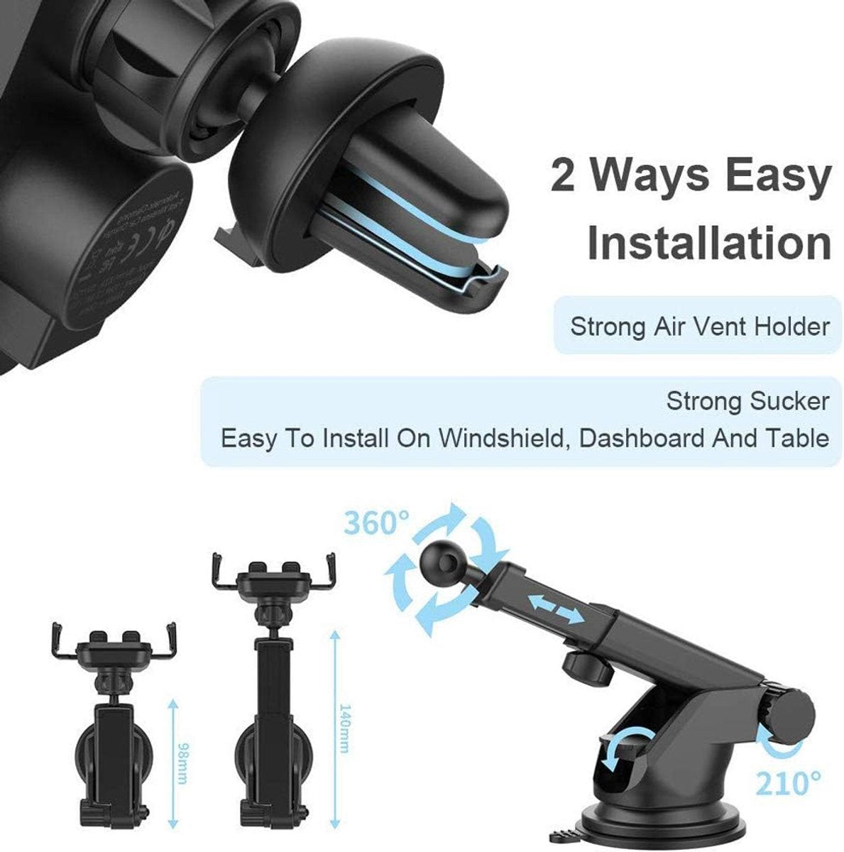 Qi Telefoonhouders Auto 15W Draadloze Oplader - Ventilatierooster, Raam, Dashboard - Autolader - GSM houder auto - Auto Accessoires