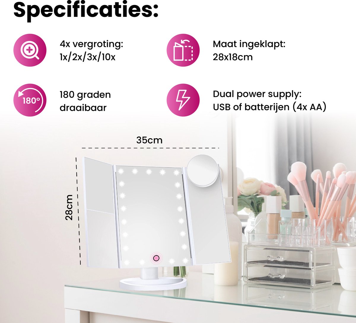 iStag LED make-up mirror with touch sensor with light - cosmetic mirror - Batteries USB 