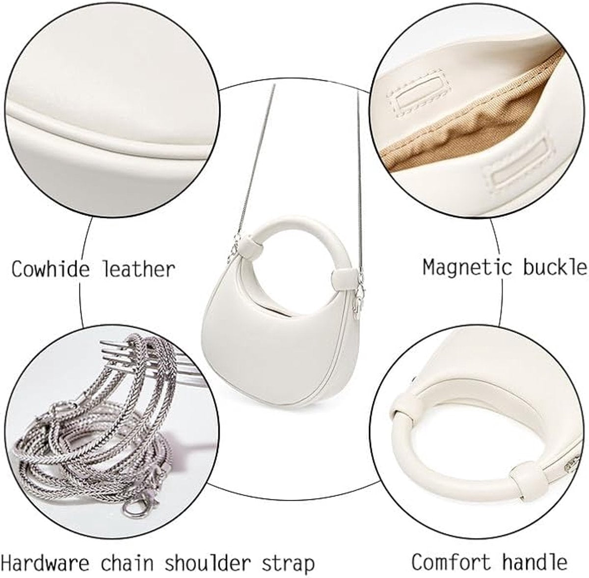 Leren Schoudertas Dames – Tote Handbag met Ritssluiting en Verstelbare Schouderband – Kleine Crescent Clutch