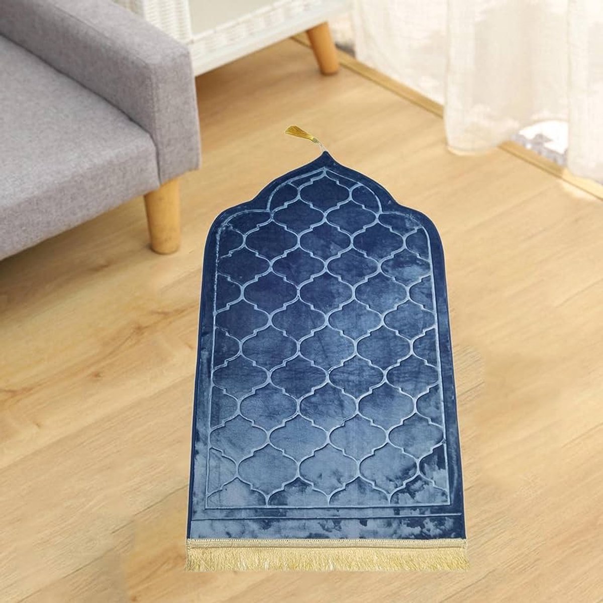 Gebedsmat – Comfortabele & Zachte Islamitische Prayer Mat – Antislip Gebedskleed met Gouden afwerkingen – 115 x 65 cm - blauw