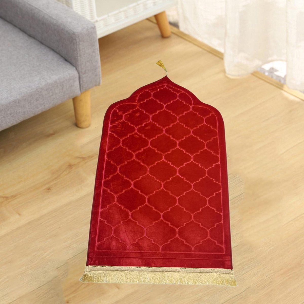 Gebedsmat – Comfortabele & Zachte Islamitische Prayer Mat – Antislip Gebedskleed met Gouden afwerkingen – 115 x 65 cm rood