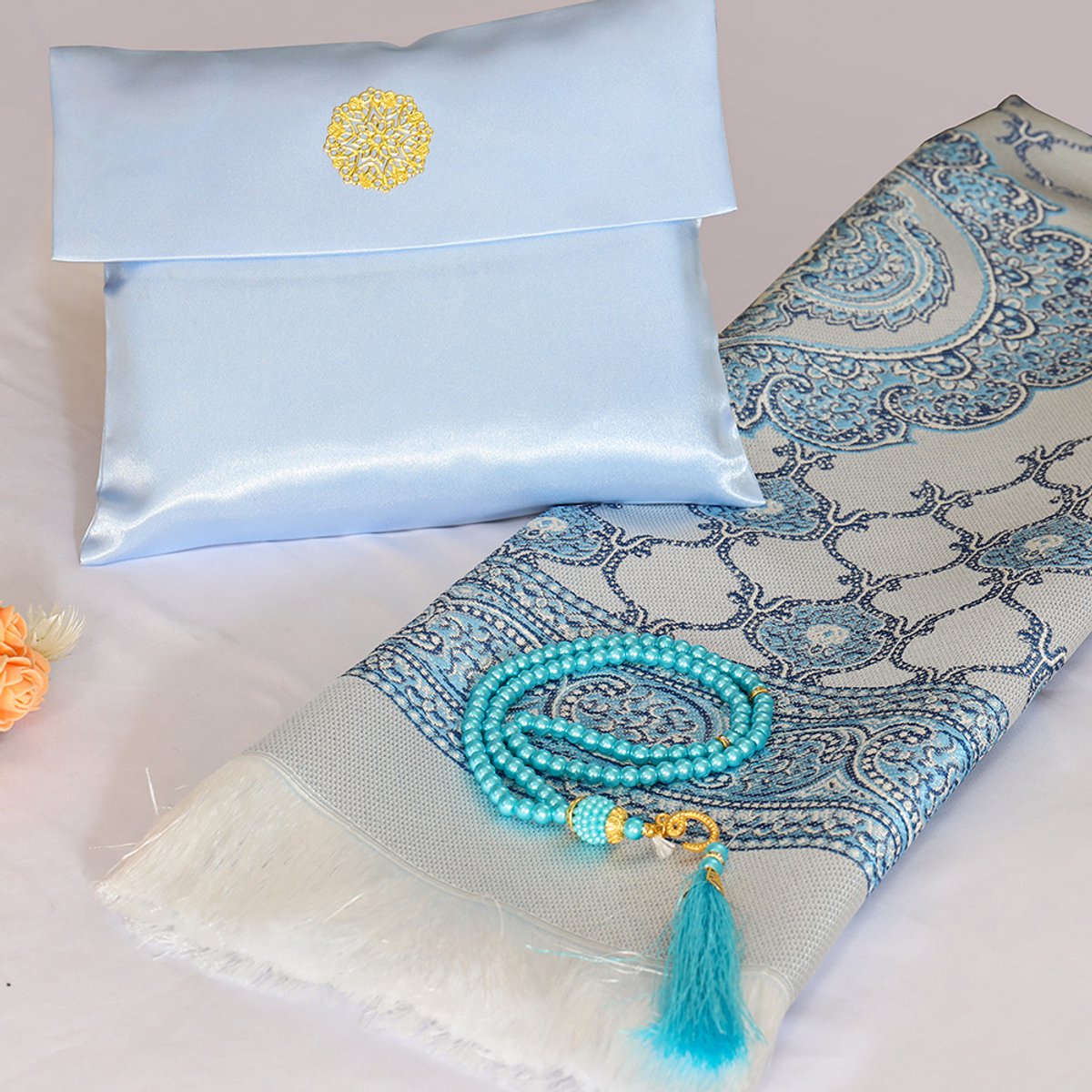 Luxe Islamitische Cadeauset – Gebedskleed (Sajadah), Kristallen Tesbih & Opbergtas - meerdere kleuren