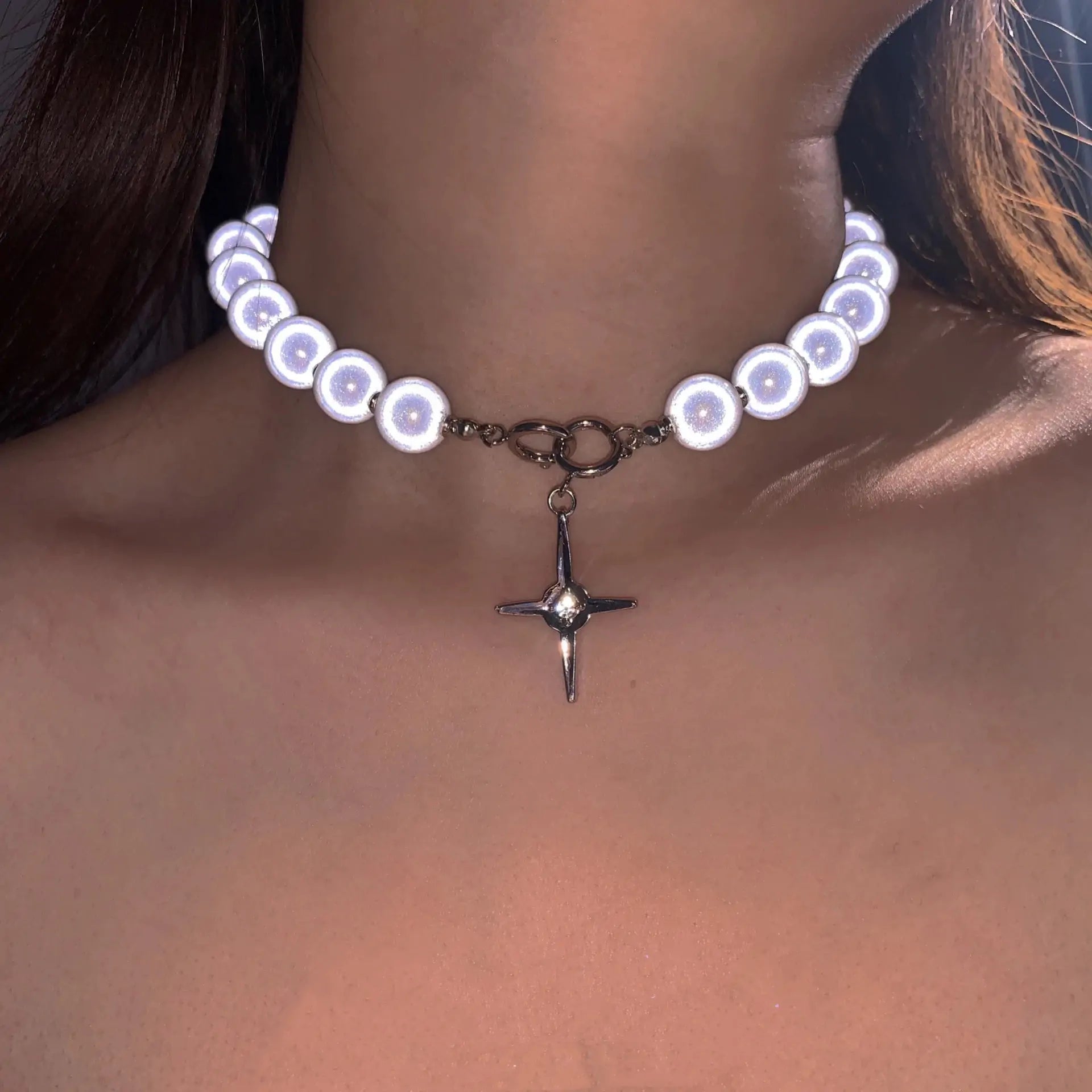 Luminous pearl beads cross necklace