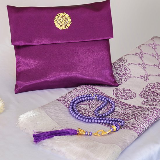 Luxe Islamitische Cadeauset – Gebedskleed (Sajadah), Kristallen Tesbih & Opbergtas - meerdere kleuren