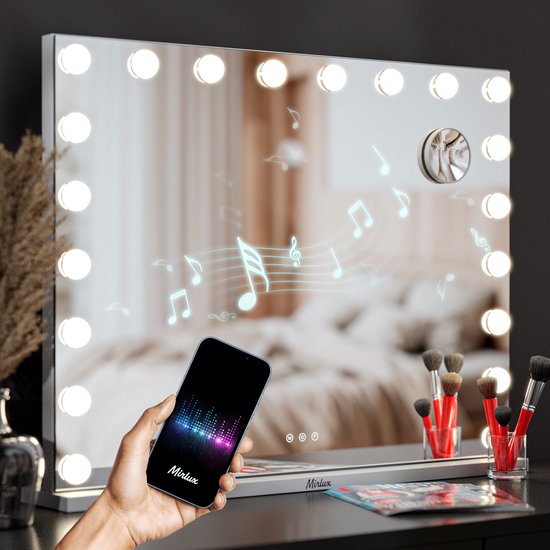 iStag Hollywood-Schminkspiegel mit LED-Beleuchtung – Bluetooth-Lautsprecher – 10-facher Zoom – Weiß – 58 x 46 cm