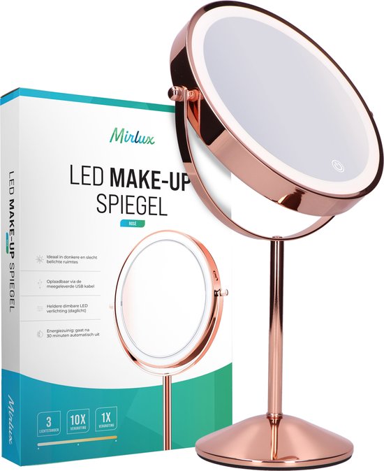 iStag Make Up Mirror with LED Lighting - 10x Magnification - 3 Light Modes - Rechargeable - Rose Gold