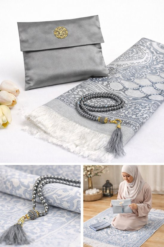 Luxe Islamitische Cadeauset – Gebedskleed (Sajadah), Kristallen Tesbih & Opbergtas - meerdere kleuren