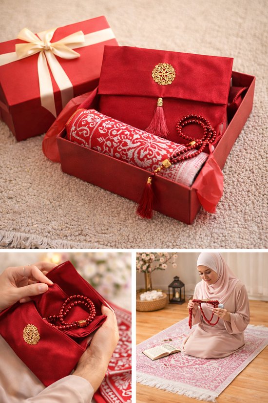 Luxe Islamitische Cadeauset – Gebedskleed (Sajadah), Kristallen Tesbih & Opbergtas - meerdere kleuren