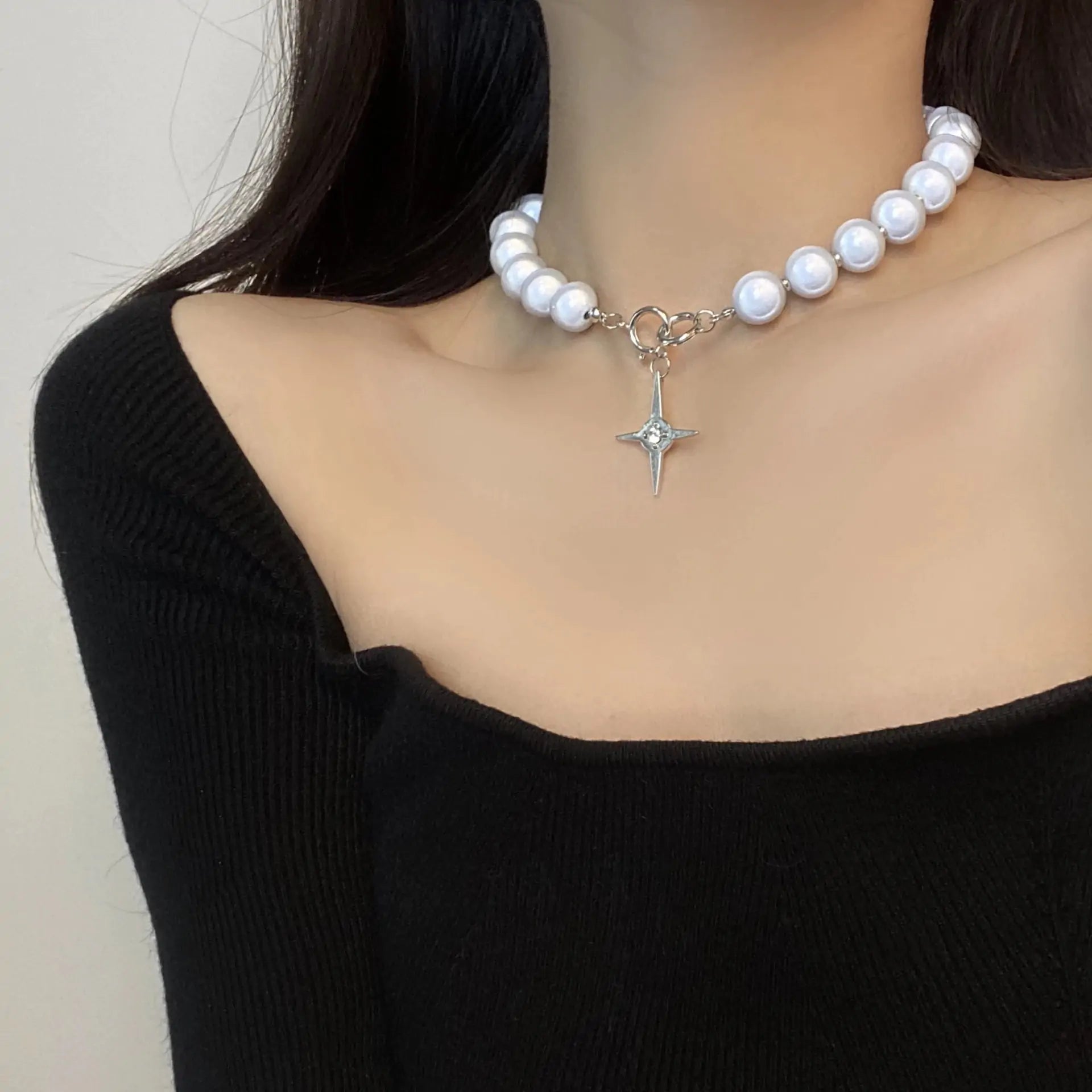 Luminous pearl beads cross necklace