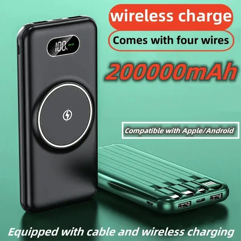 4-in-1 Power Bank with 10,000mAh Ultra-Fast Charging, Wireless Charging with 4-Wire Mobile External Battery Charger