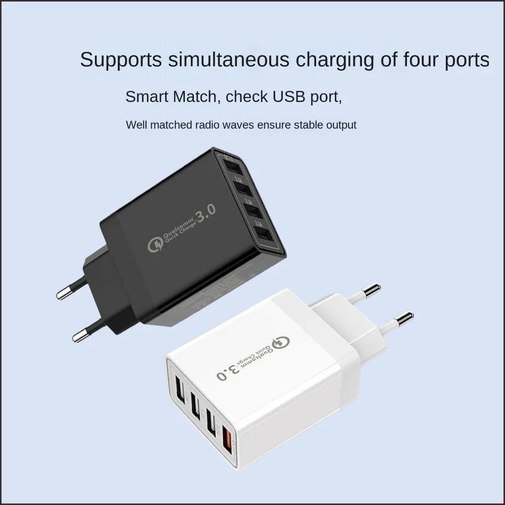 4 USB Charger Quick Charge 3.0 Phone Charger For Huawei Mate 30 20 Xiaomi 11 Ultra POCO F3 Wall Mobile Fast Charger US/EU Plug