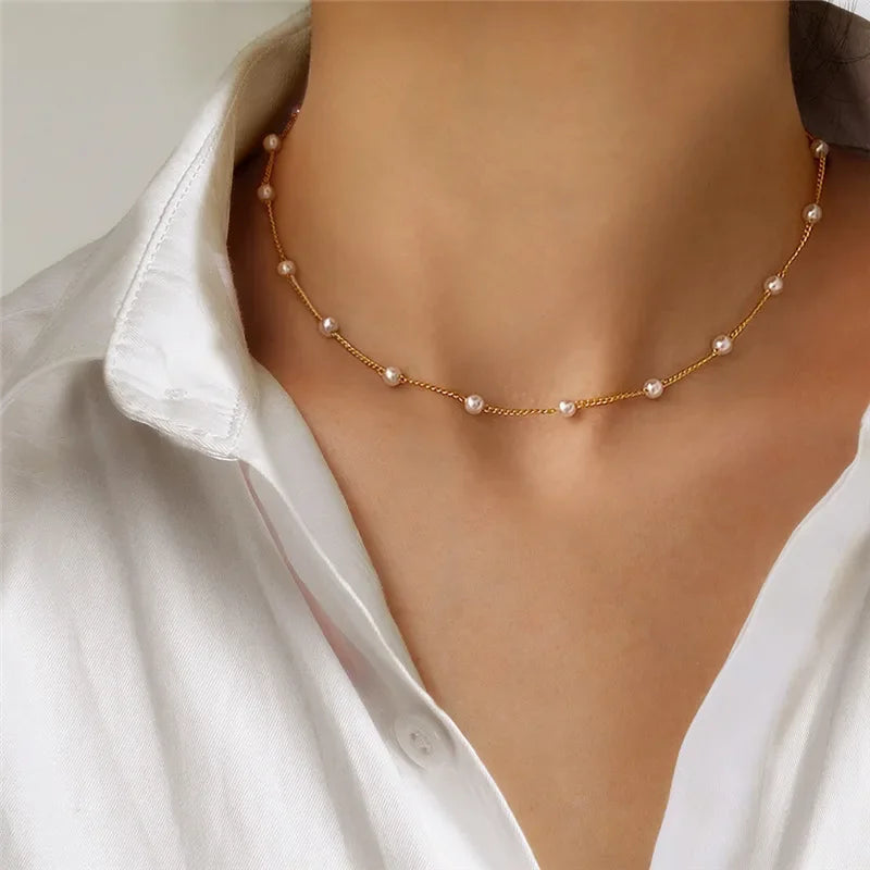 Neue Perlen Damen Halskette Kpop Perlen Choker Halskette Gold Farbe Goth Chocker Schmuck Am Hals Anhänger 2022 Kragen für Mädchen