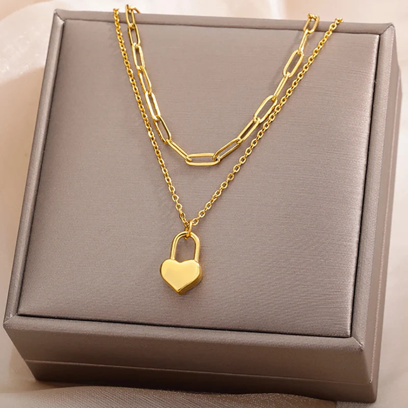 316L Stainless Steel Multilayer Heart Necklace For Women Girls Goth Gold Color Clavicle Chain Charm Choker Jewelry Birthday Gift