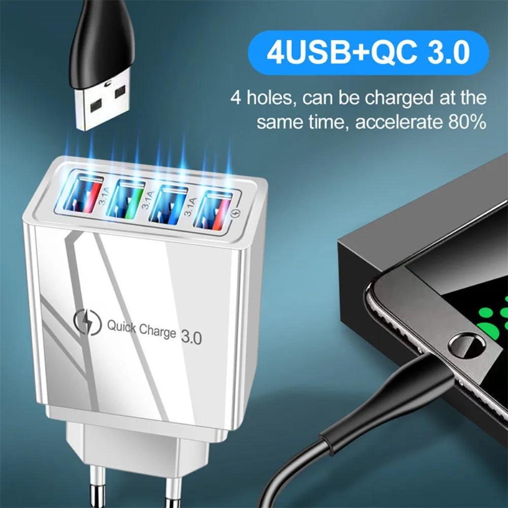 USB Charger 4 Port USB Quick Charge 3.0 EU US Plug Mobile Phone Charger Wall Adapter Portable Fast Charging For iPhone Xiaomi 14