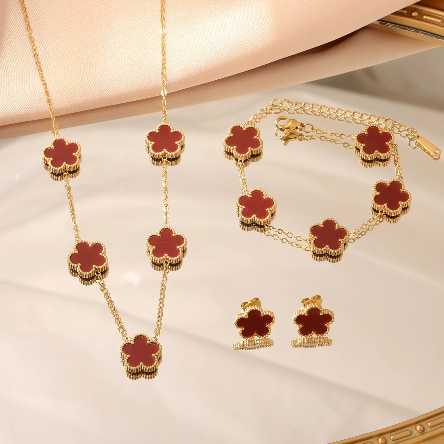 3pcs 316L Stainless Steel Luxury Plum Blossom Plant Five Leaf Flower Necklace Earrings Bracelet Sets Women Wedding Jewelry Gift