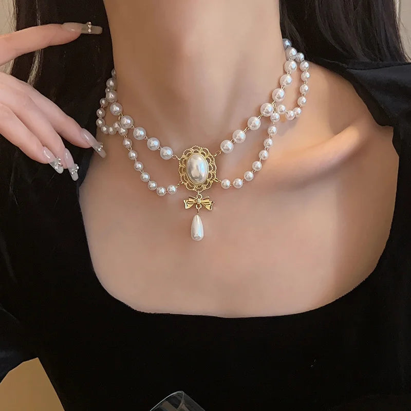 New Baroque Pearl Choker Necklace For Women Luxury Wedding Party Triple-layer Beaded Necklace Torques Ladies Trendy Jewelry Gift