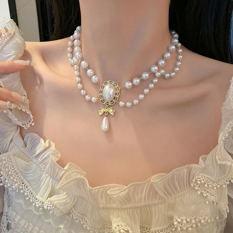 New Baroque Pearl Choker Necklace For Women Luxury Wedding Party Triple-layer Beaded Necklace Torques Ladies Trendy Jewelry Gift