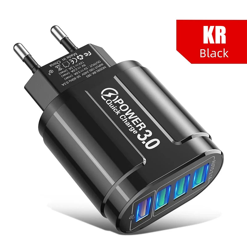 48W QC3.0 Quick Charger 4USB EU Standard Travel Portable 4 Port Fast Charging Suitable For Android iPhone Xiaomi Other Devices