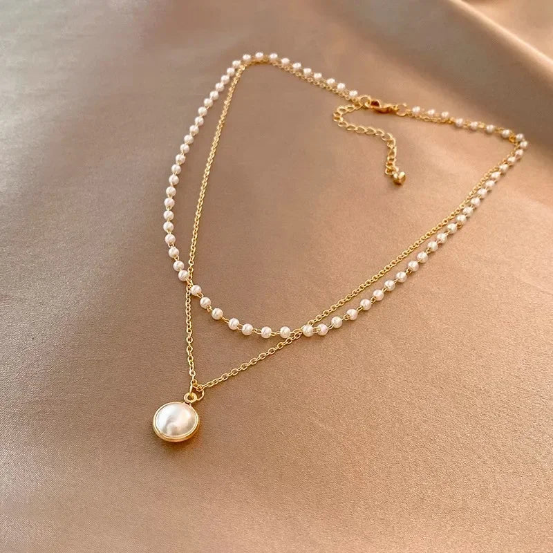 2024 New Women's Pearl Necklace Kpop Gold Color Beads Pendant Necklaces Goth Double Layer Chain Choker for Women Fashion Jewelry