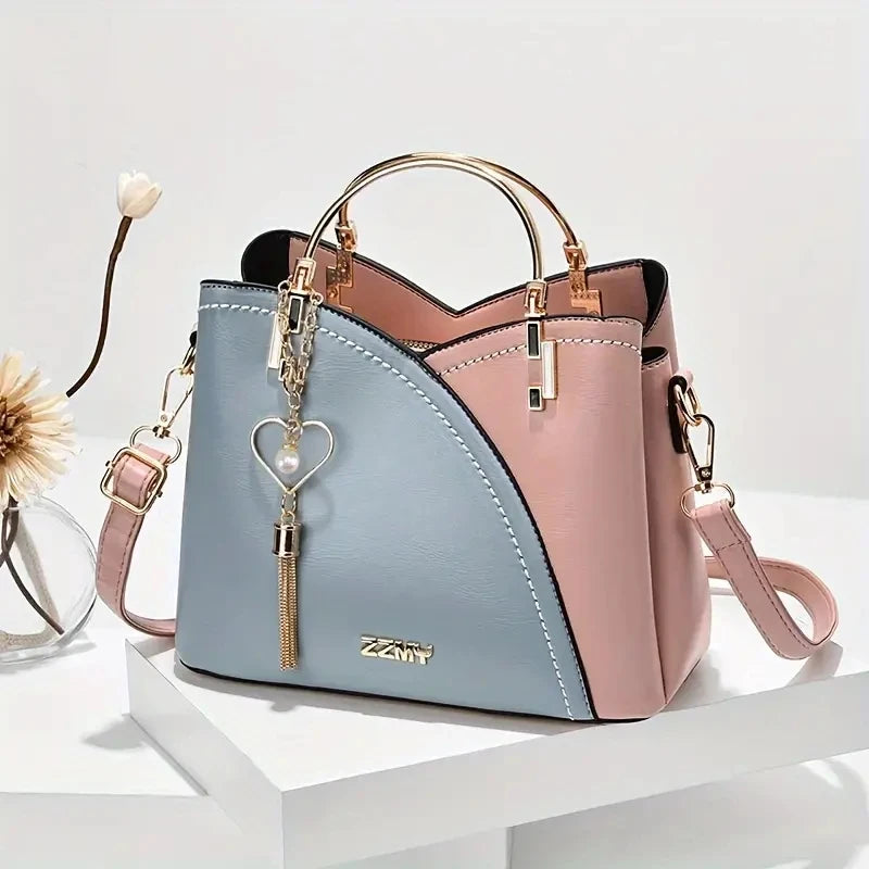 Modieuze Dames Schoudertas met Kleurvlakken en Kwast – Crossbody Tas