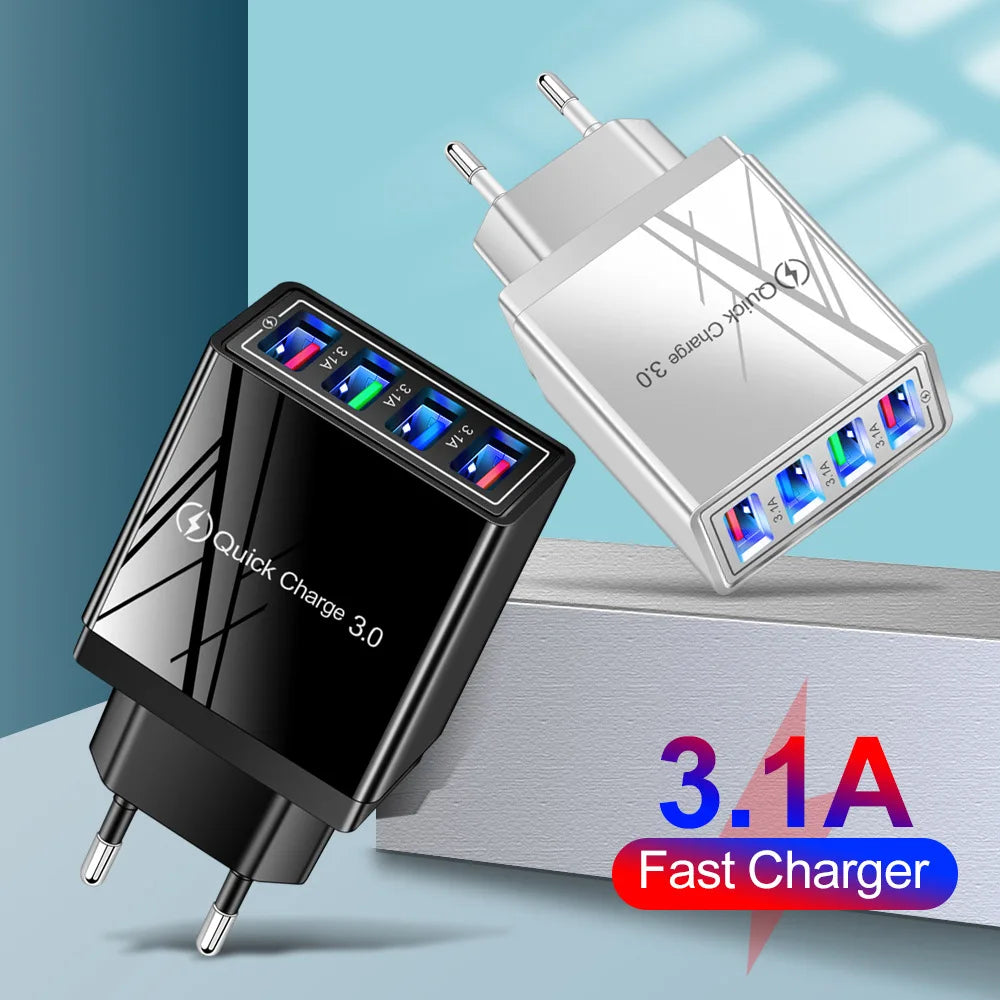 USB Charger 4 Port USB Quick Charge 3.0 EU US Plug Mobile Phone Charger Wall Adapter Portable Fast Charging For iPhone Xiaomi 14