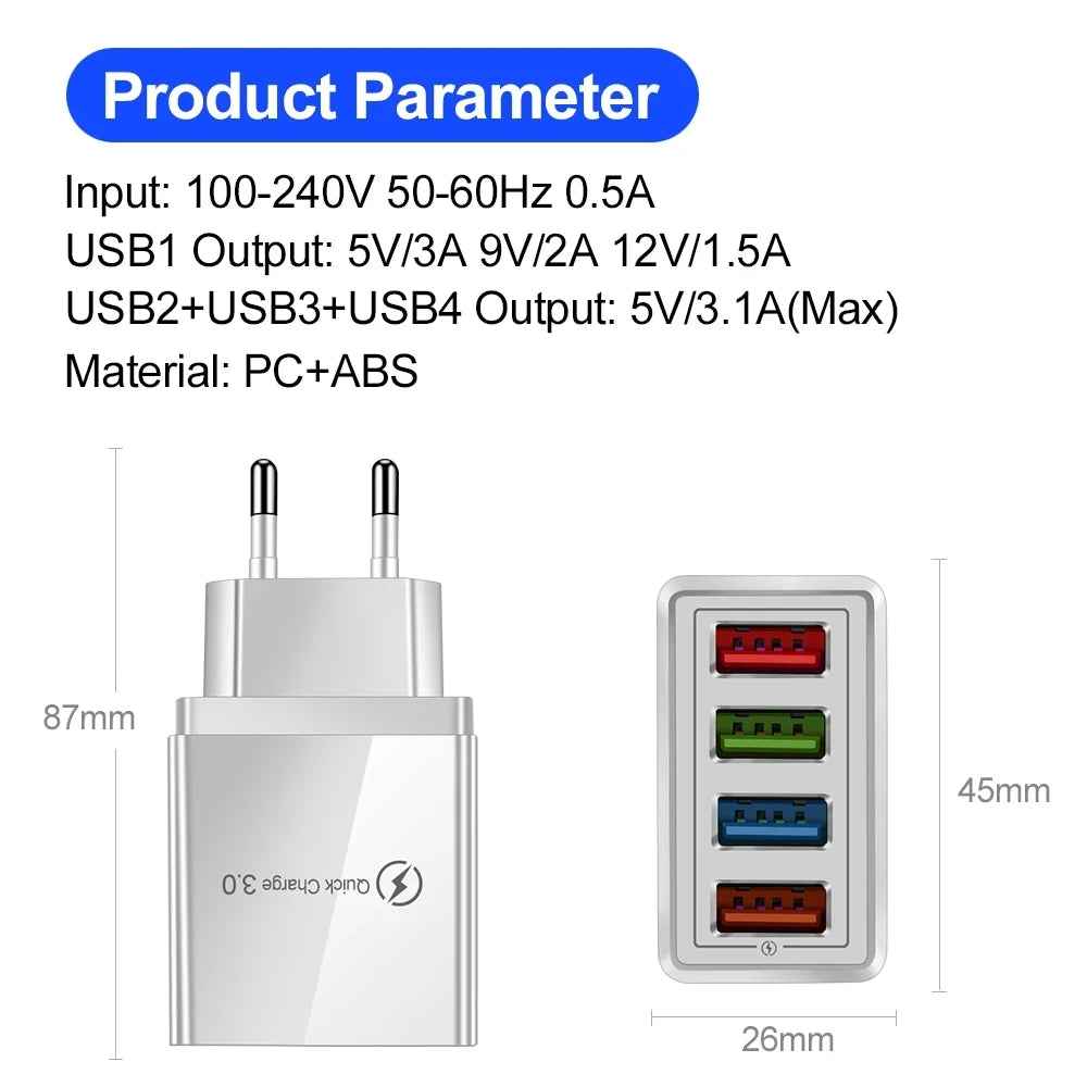 EU US Plug 3A USB Charger Multi Port 4 USB Quick Charge 3.0 For Phone Adapter Tablet Portable Wall Charger Fast Charger For Poco