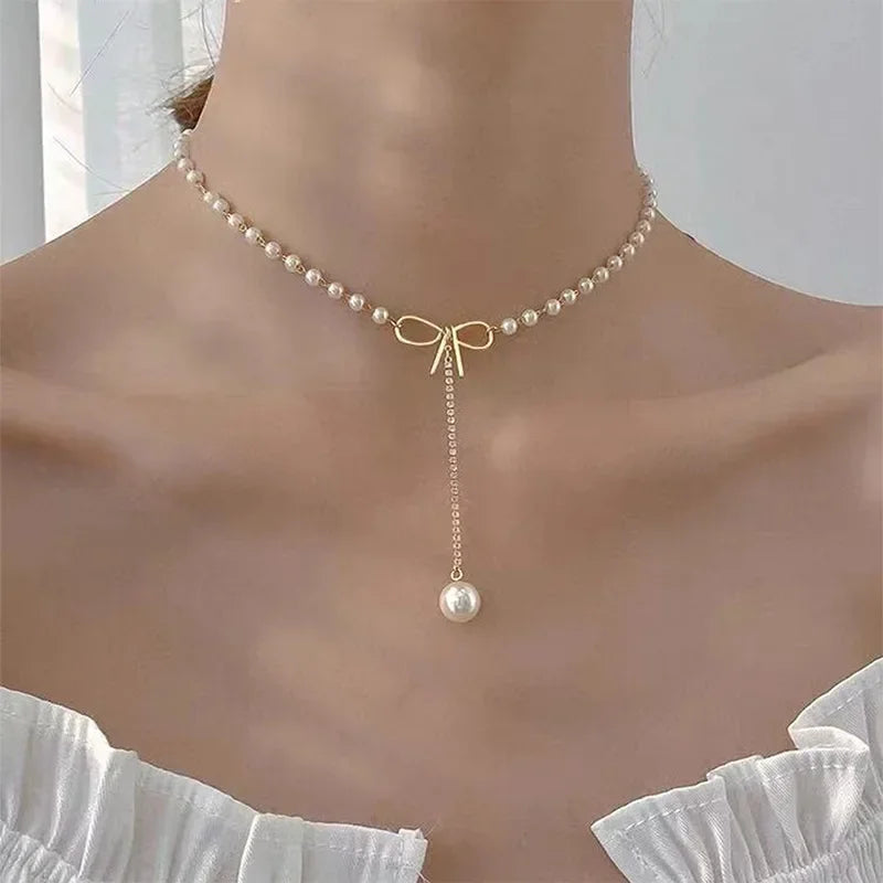 2024 New Women's Pearl Necklace Kpop Gold Color Beads Pendant Necklaces Goth Double Layer Chain Choker for Women Fashion Jewelry