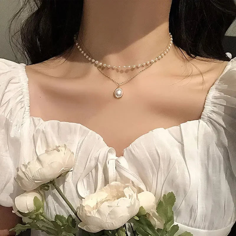 2024 New Women's Pearl Necklace Kpop Gold Color Beads Pendant Necklaces Goth Double Layer Chain Choker for Women Fashion Jewelry