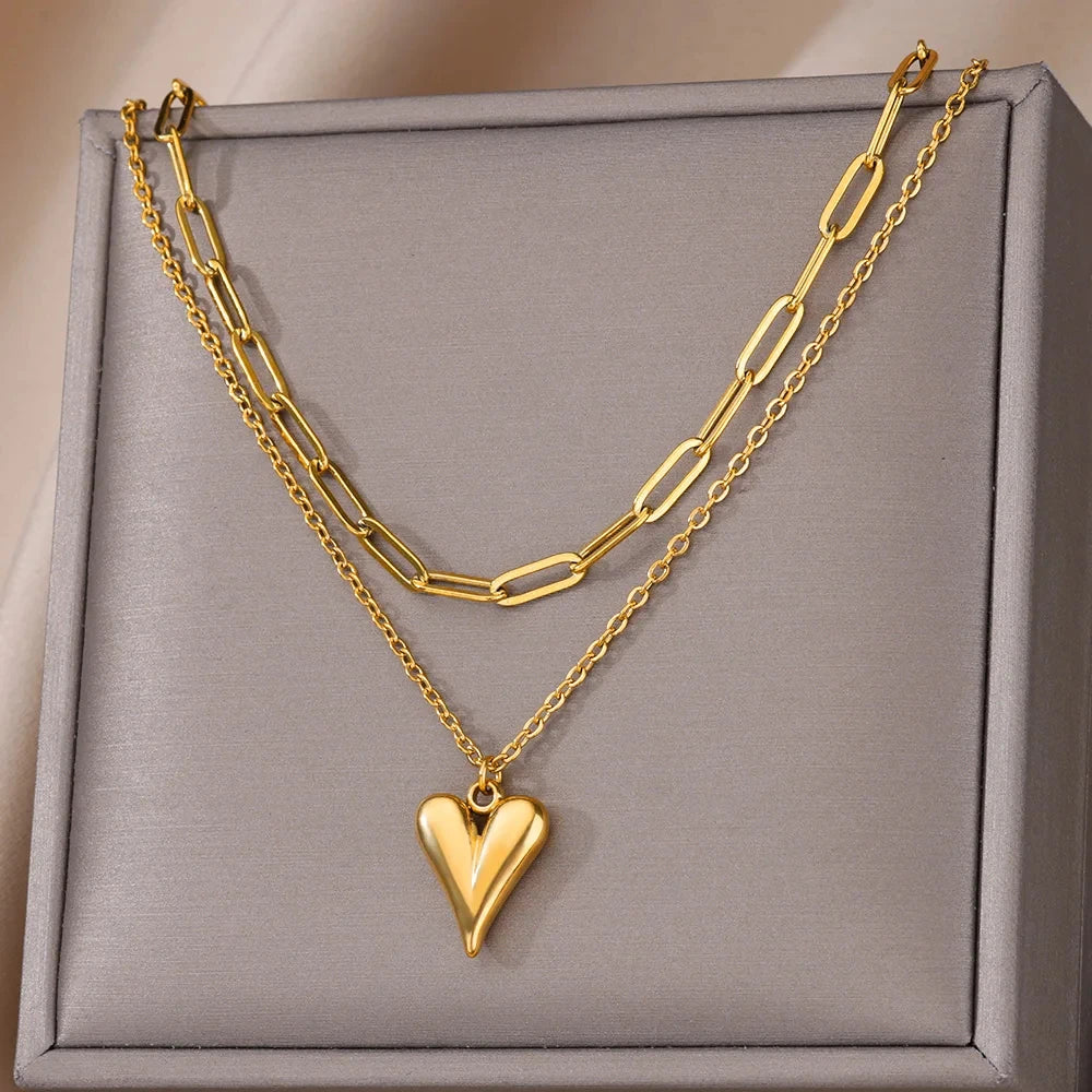 316L Stainless Steel Multilayer Heart Necklace For Women Girls Goth Gold Color Clavicle Chain Charm Choker Jewelry Birthday Gift