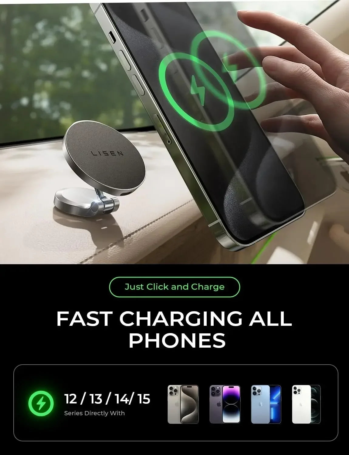 LISEN for Magsafe Car Mount Charger 15W, [360° Rotation] iPhone Wireless Car Charger Magnetic Foldable Car Phone Holder