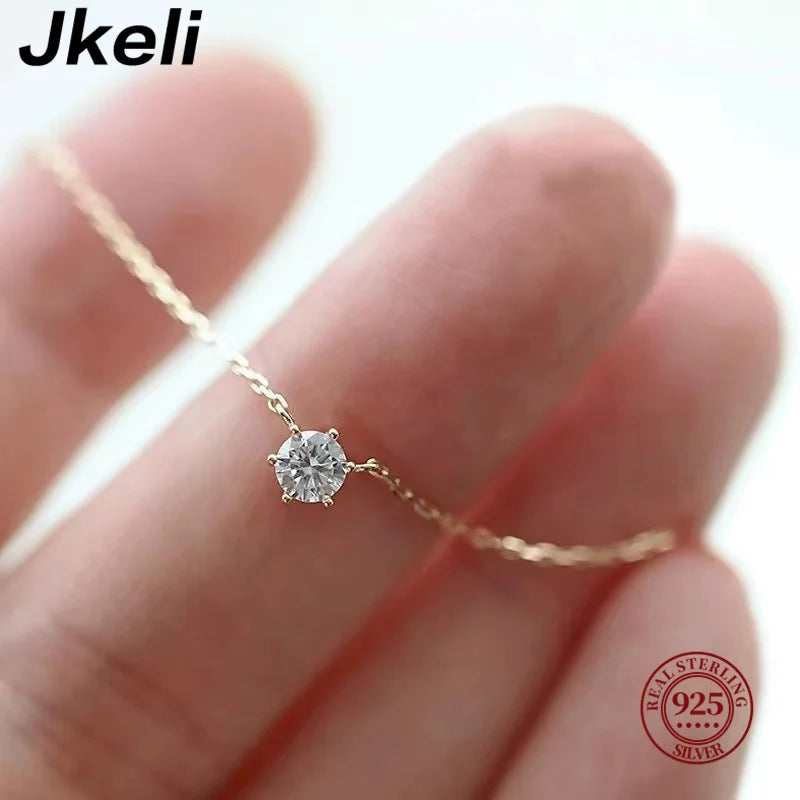 Jkeli Halskette aus 925er Sterlingsilber, 18 Karat vergoldet, einzelne funkelnde Zirkonia-Schlüsselbeinkette für Frauen, Hochzeitsschmuck