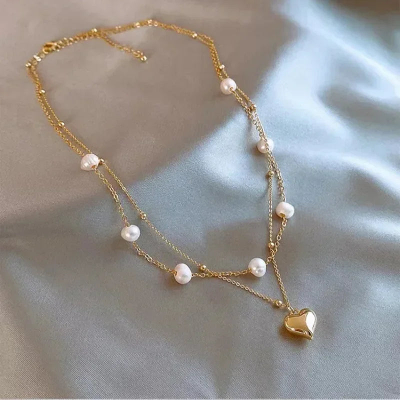 2024 New Women's Pearl Necklace Kpop Gold Color Beads Pendant Necklaces Goth Double Layer Chain Choker for Women Fashion Jewelry