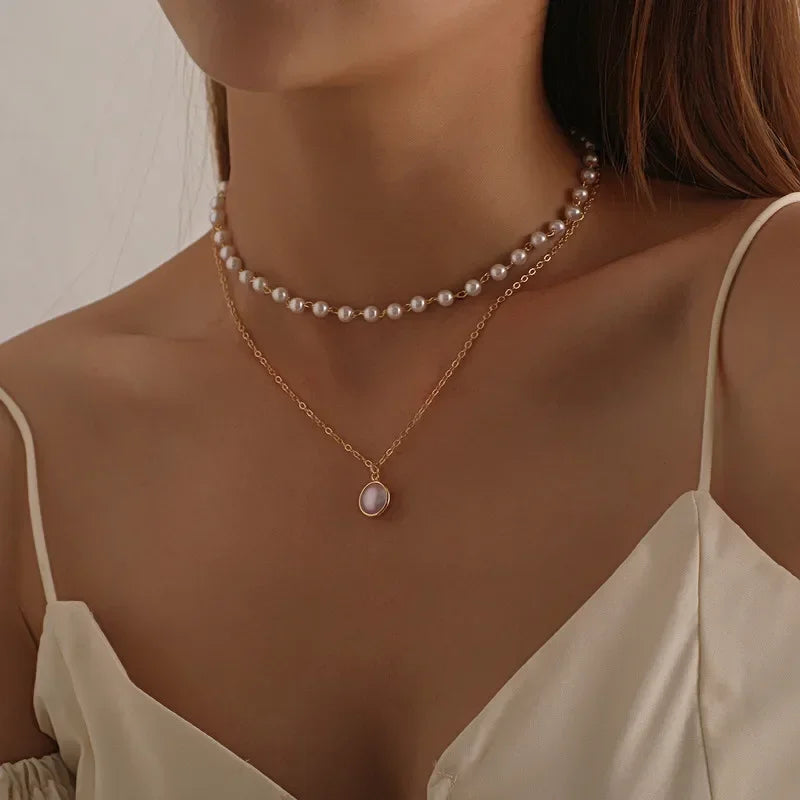 2024 New Women's Pearl Necklace Kpop Gold Color Beads Pendant Necklaces Goth Double Layer Chain Choker for Women Fashion Jewelry