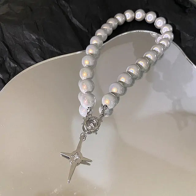 Luminous pearl beads cross necklace