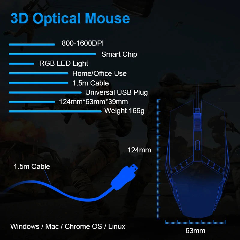 Gaming mouse with 1200DPI and RGB lighting - computer &amp; laptop - LED ergonomic mouse