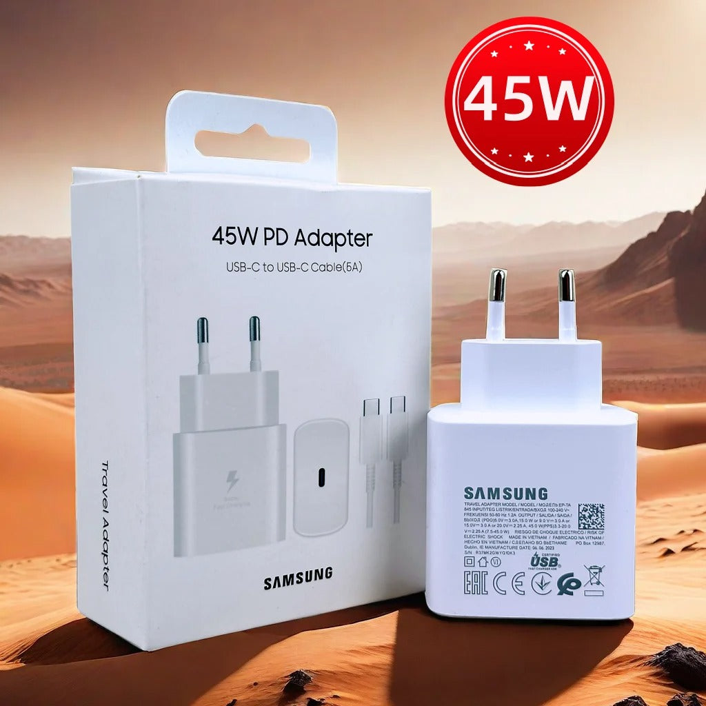 Samsung oplader 45W - Supersnel opladen - Snellader Android en Samsung - Inclusief Oplaadkabel - zwart/wit