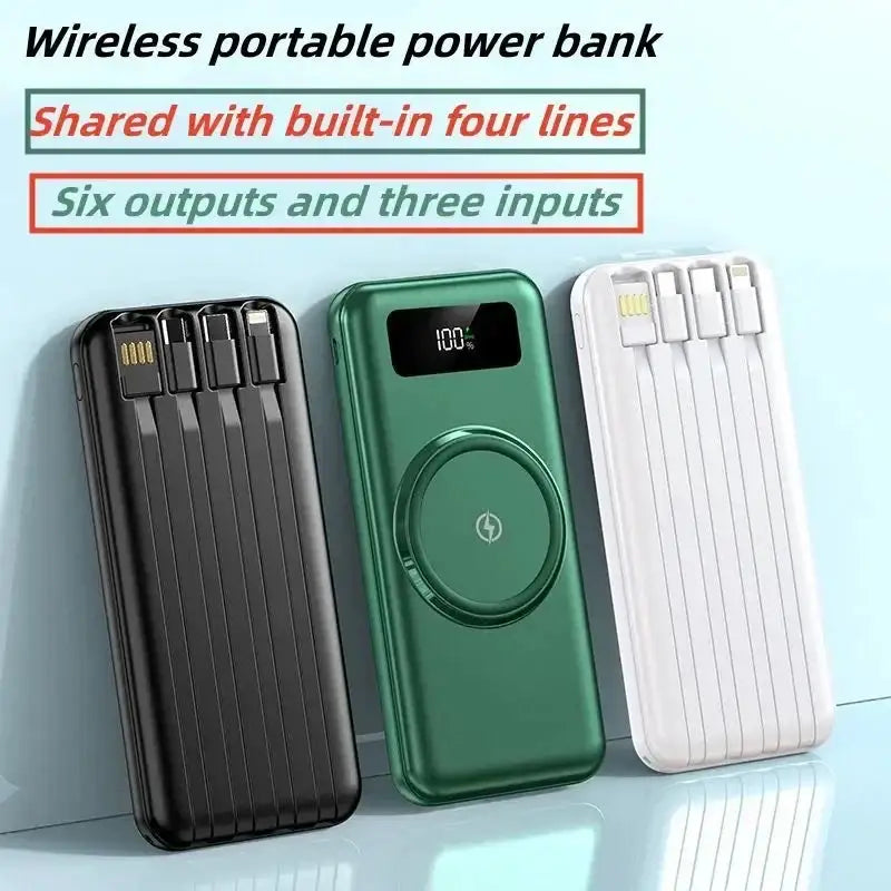 4-in-1 Power Bank with 10,000mAh Ultra-Fast Charging, Wireless Charging with 4-Wire Mobile External Battery Charger